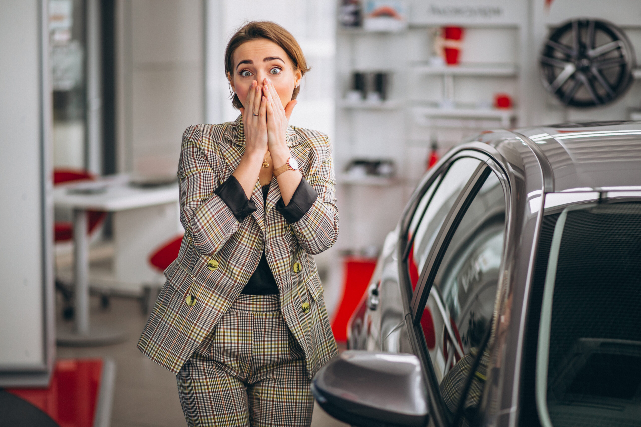 Woman in a car showroom